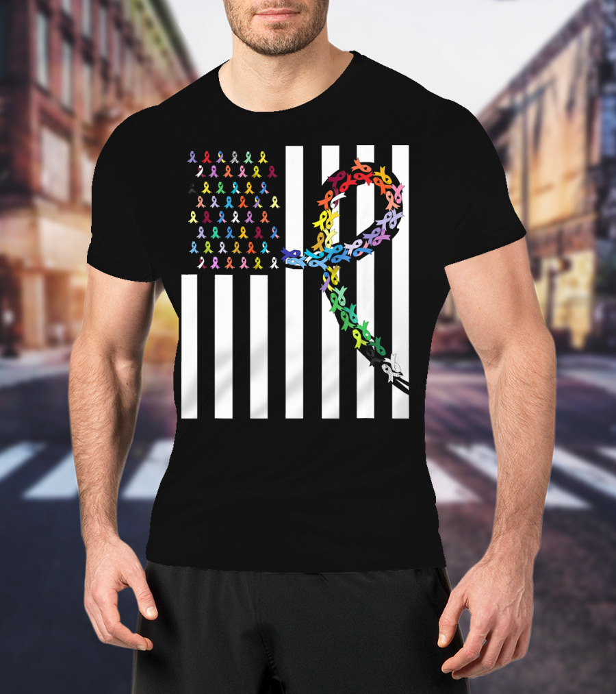 All Cancer Matters Awareness USA Flag Ribbon Stripes T-Shirt