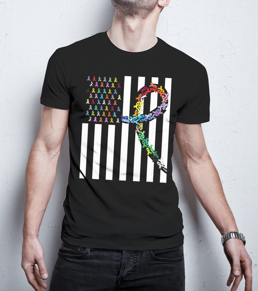 All Cancer Matters Awareness USA Flag Ribbon Stripes T-Shirt