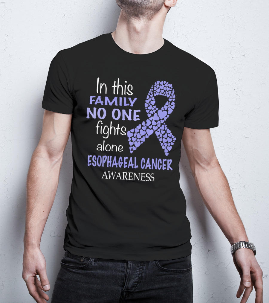In This Family No One Fights Alone Esophageal Cancer Awareness Ribbon Hearts T-Shirt