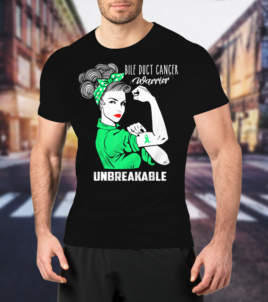 Bile Duct Cancer Warrior Unbreakable Rosie The Riveter Style With Awareness T-Shirt