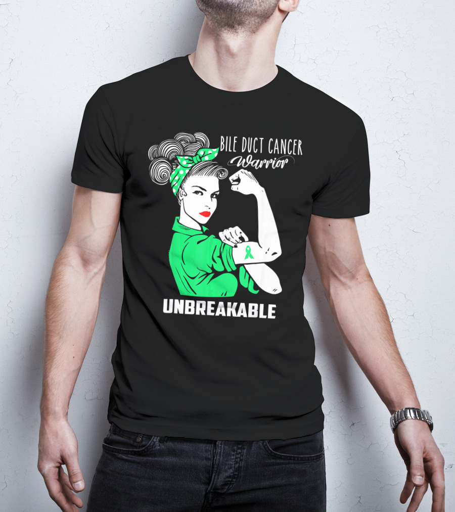Bile Duct Cancer Warrior Unbreakable Rosie The Riveter Style With Awareness T-Shirt
