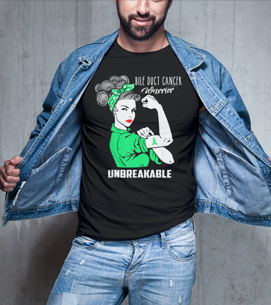 Bile Duct Cancer Warrior Unbreakable Rosie The Riveter Style With Awareness T-Shirt