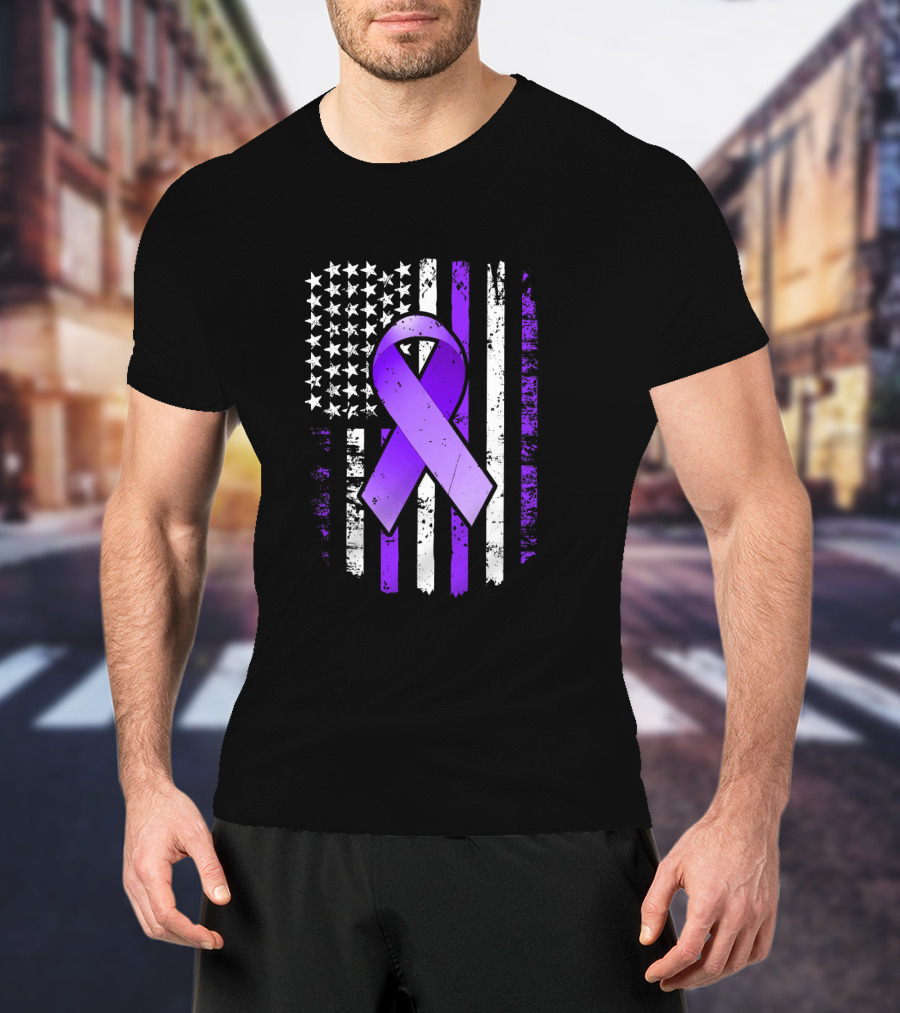 American Flag Purple Ribbon Pancreatic Cancer Awareness T-Shirt