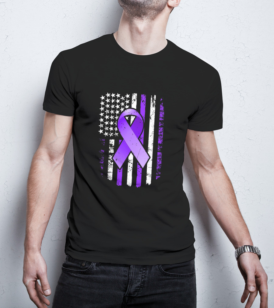 American Flag Purple Ribbon Pancreatic Cancer Awareness T-Shirt