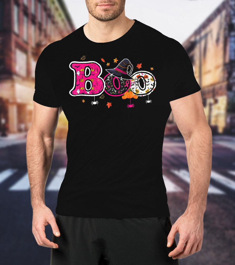 Boo Halloween Breast Cancer Awareness Witch Hat Ribbon Pumpkins Spiders Leaves T-Shirt