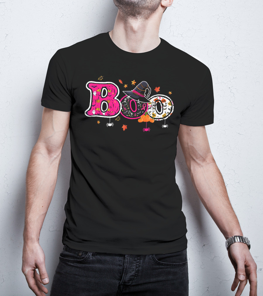 Boo Halloween Breast Cancer Awareness Witch Hat Ribbon Pumpkins Spiders Leaves T-Shirt