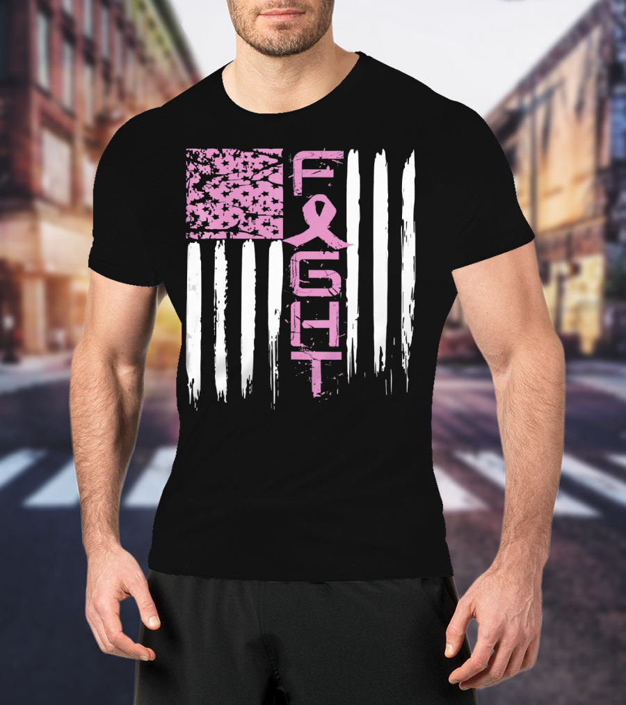Fight Cancer Awareness Breast Pink Ribbon American Flag T-Shirt