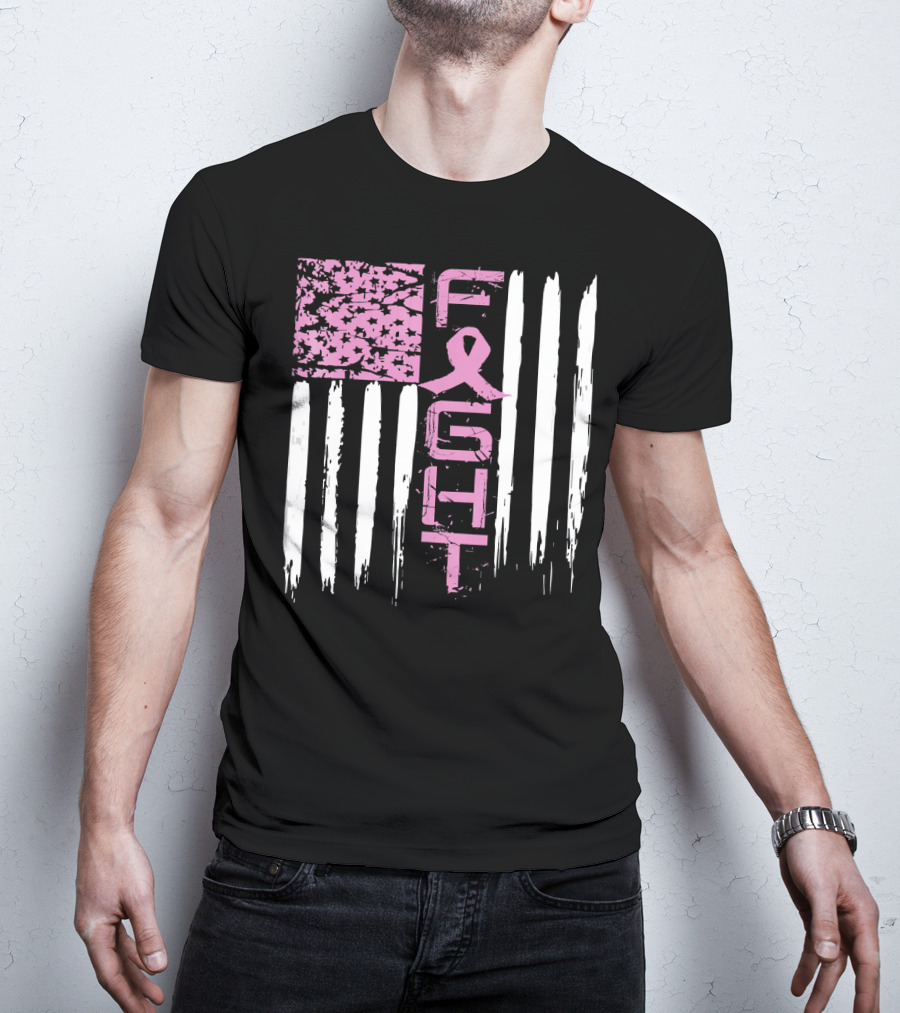 Fight Cancer Awareness Breast Pink Ribbon American Flag T-Shirt