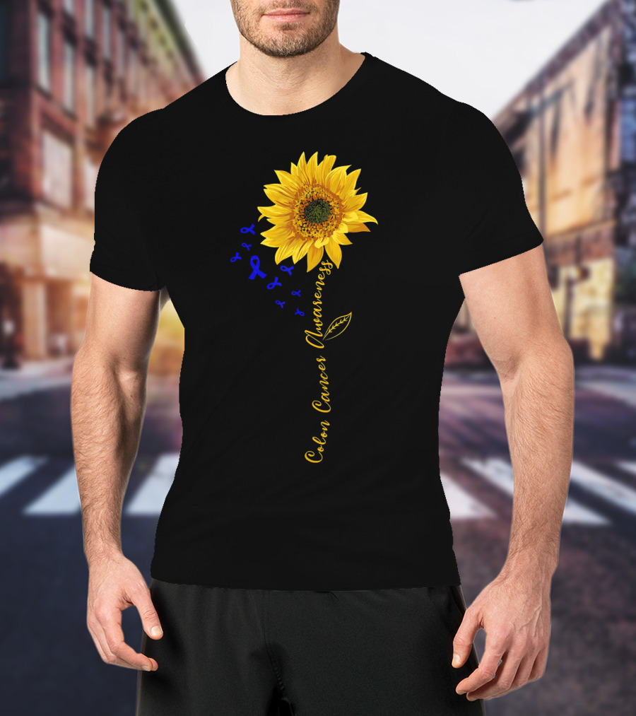 Hippie Sunflower Colon Cancer Awareness Sunflower With Blue Ribbons T-Shirt