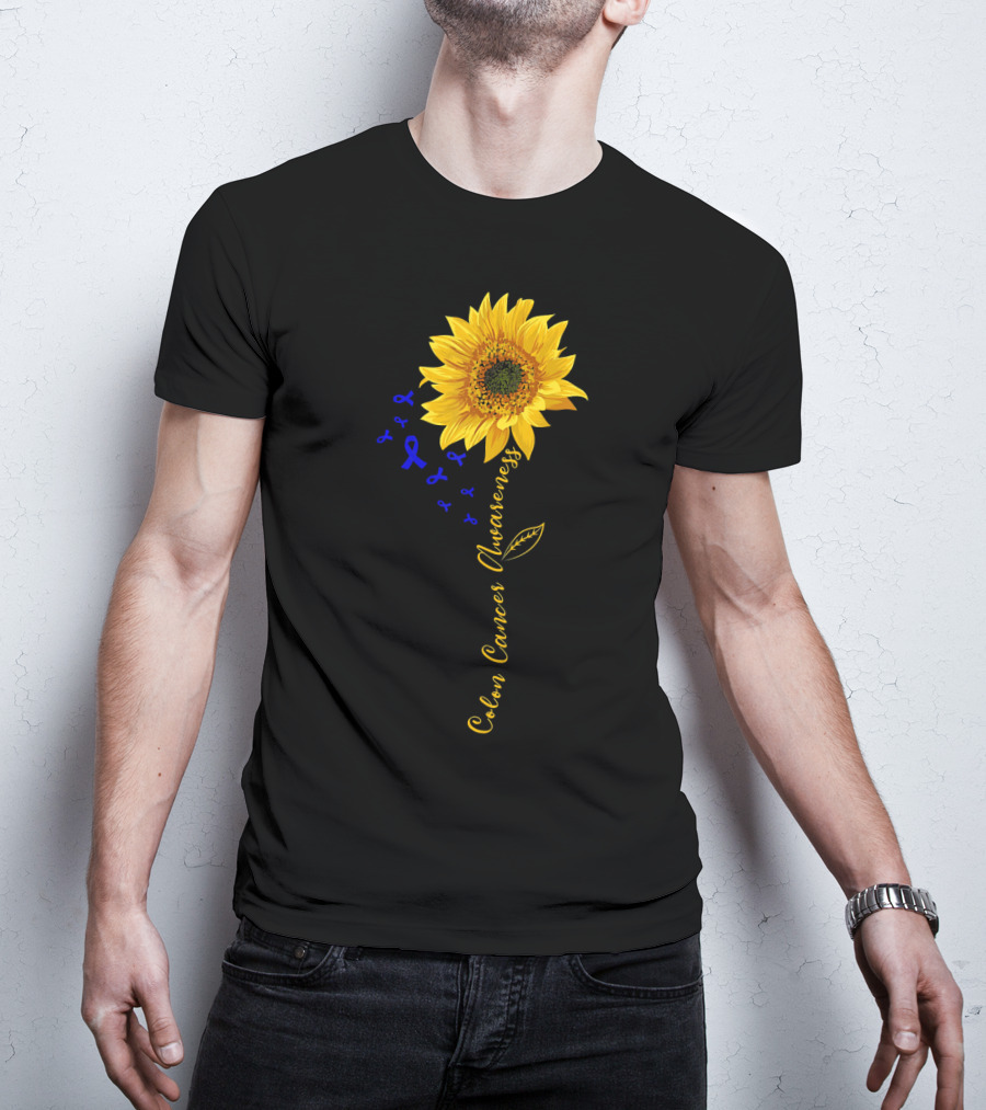Hippie Sunflower Colon Cancer Awareness Sunflower With Blue Ribbons T-Shirt