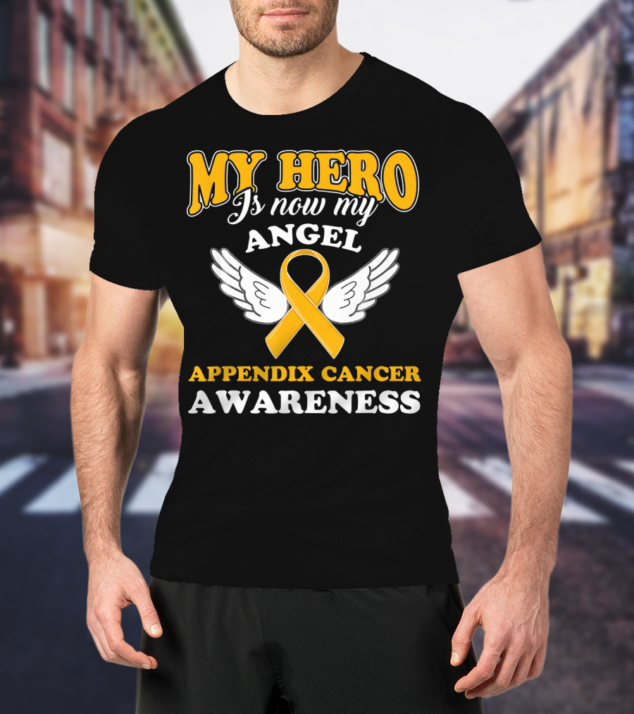 My Hero Is Now My Angel Appendix Cancer Awareness Yellow Ribbon Wings T-Shirt