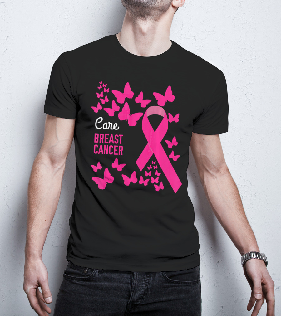 Care Breast Cancer Pink Ribbon Awareness With Butterfly Support T-Shirt