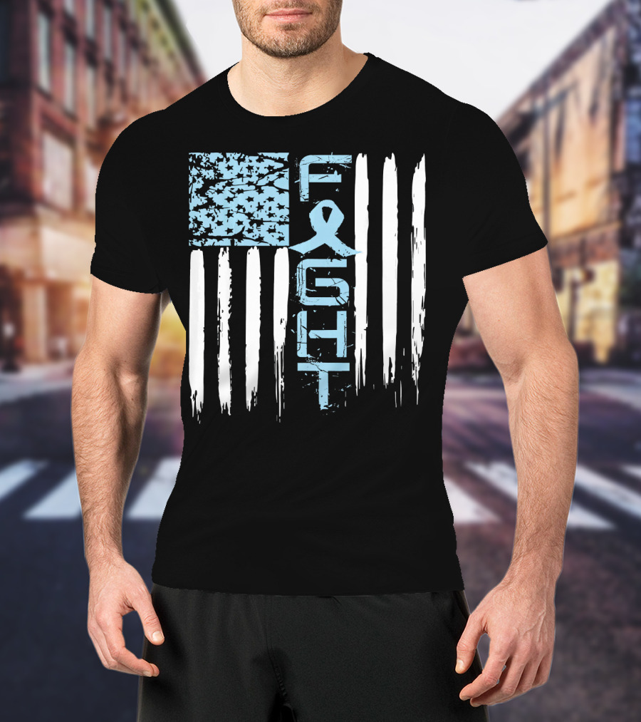 Prostate Cancer Awareness Fight Blue Ribbon American Flag T-Shirt