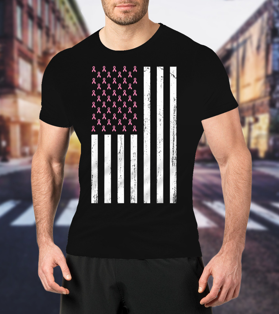 American Flag Pink Ribbons Breast Cancer Awareness T-Shirt