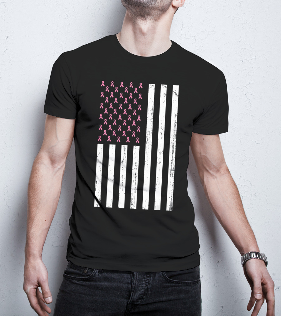 American Flag Pink Ribbons Breast Cancer Awareness T-Shirt