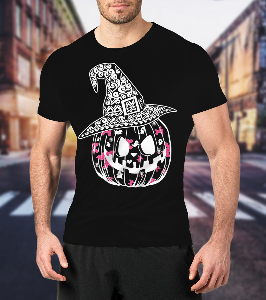 Halloween Carved Pumpkin With Pink Ribbon And Witch Hat For Breast Cancer Awareness T-Shirt
