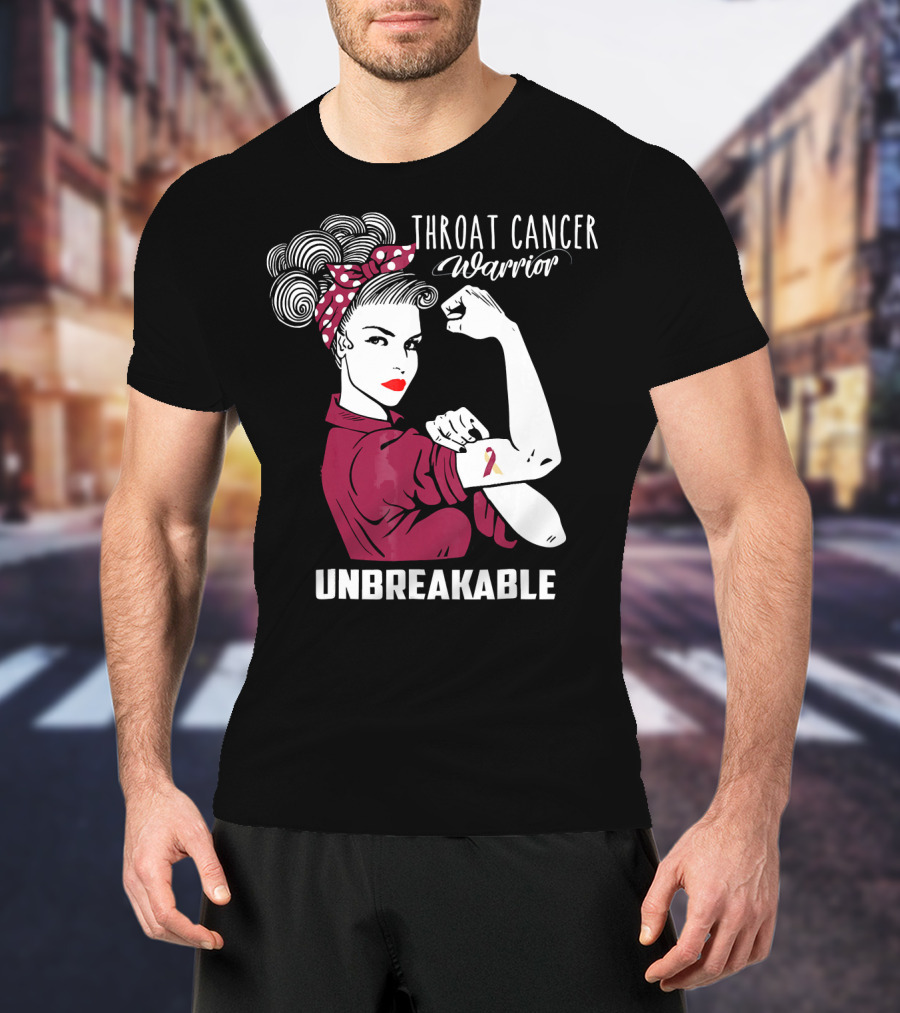 Throat Cancer Warrior Unbreakable Rosie The Riveter Ribbon Empowerment T-Shirt