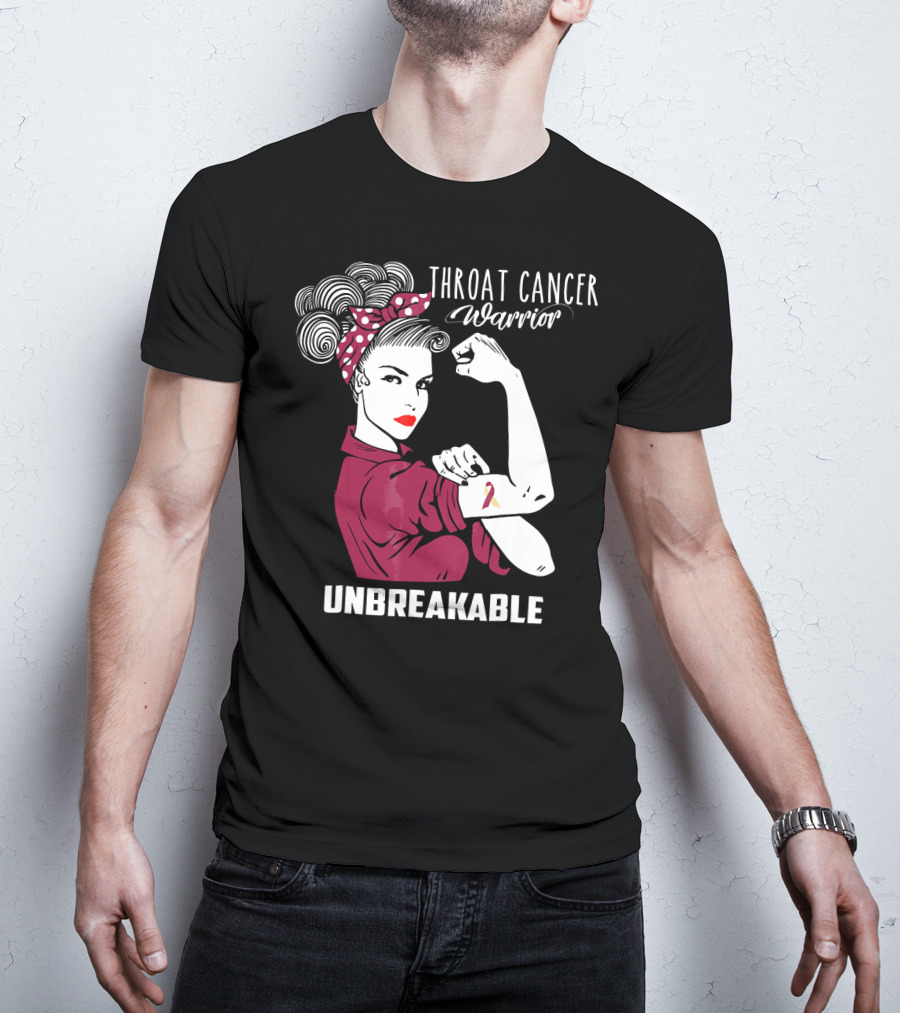 Throat Cancer Warrior Unbreakable Rosie The Riveter Ribbon Empowerment T-Shirt