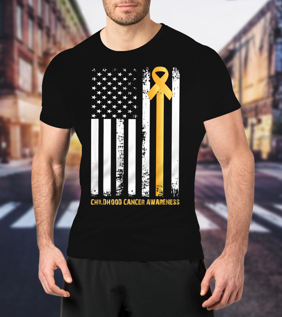 Childhood Cancer Awareness Gold Ribbon American Flag T-Shirt