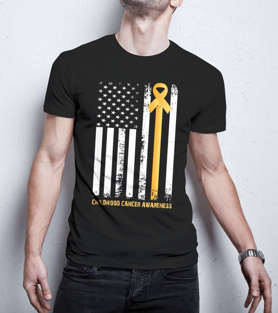 Childhood Cancer Awareness Gold Ribbon American Flag T-Shirt