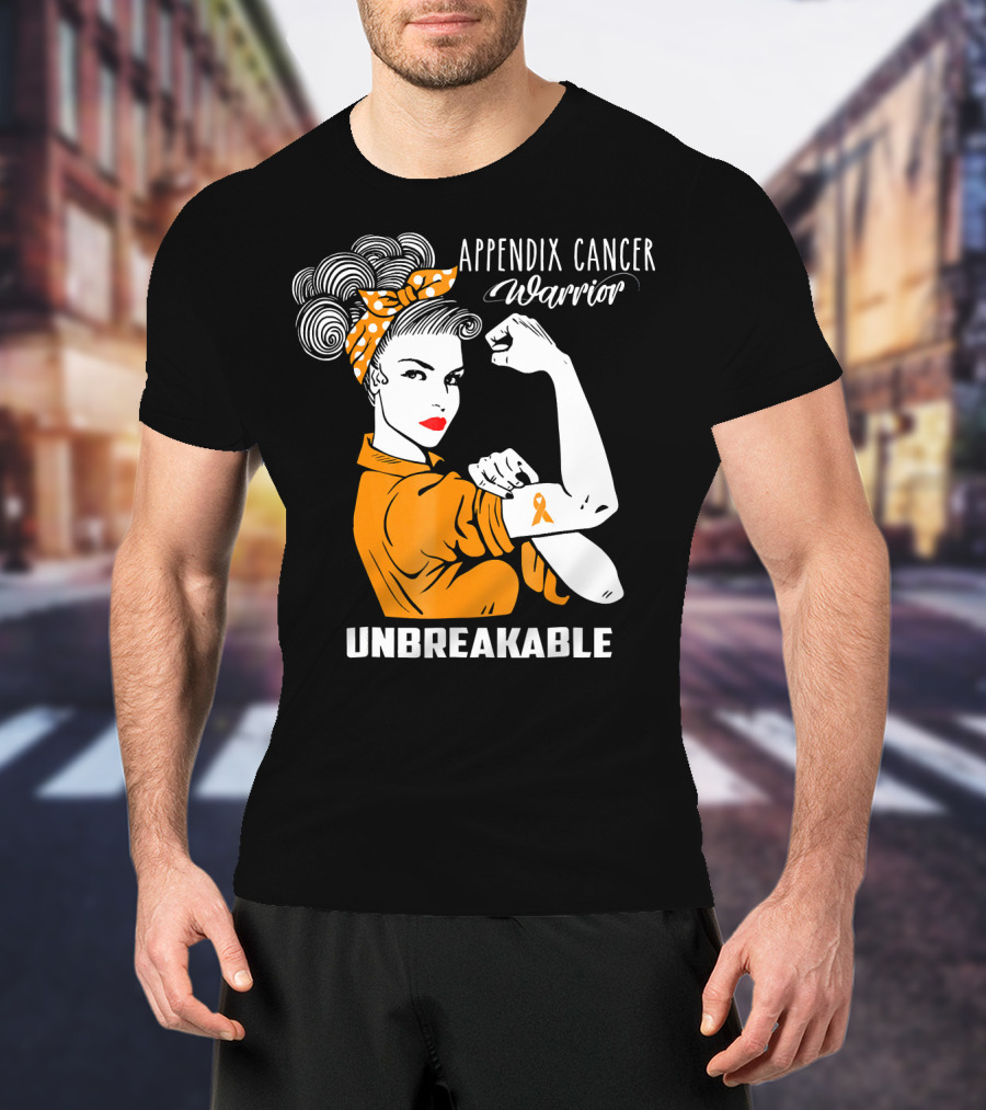 Appendix Cancer Warrior Unbreakable Awareness Ribbon Rosie The Riveter T-Shirt