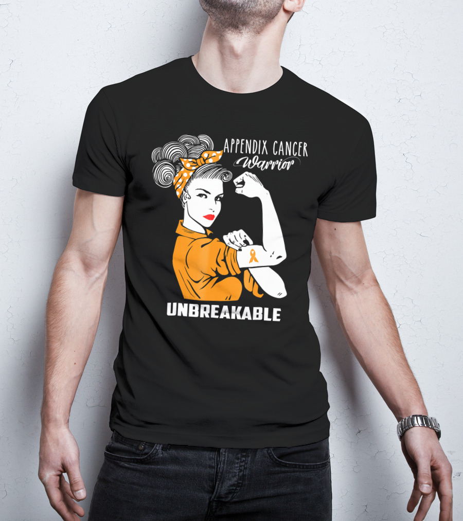 Appendix Cancer Warrior Unbreakable Awareness Ribbon Rosie The Riveter T-Shirt