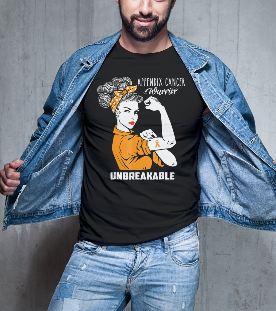 Appendix Cancer Warrior Unbreakable Awareness Ribbon Rosie The Riveter T-Shirt