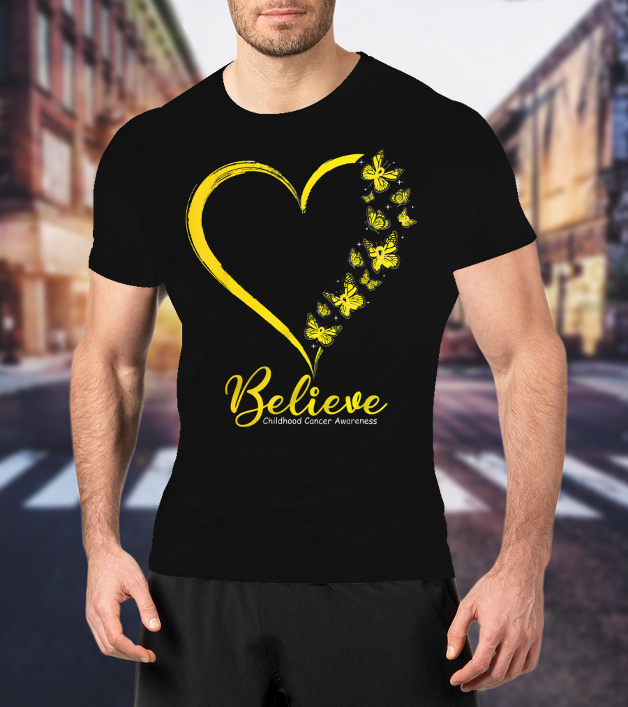 Believe Butterfly Heart Childhood Cancer Awareness T-Shirt
