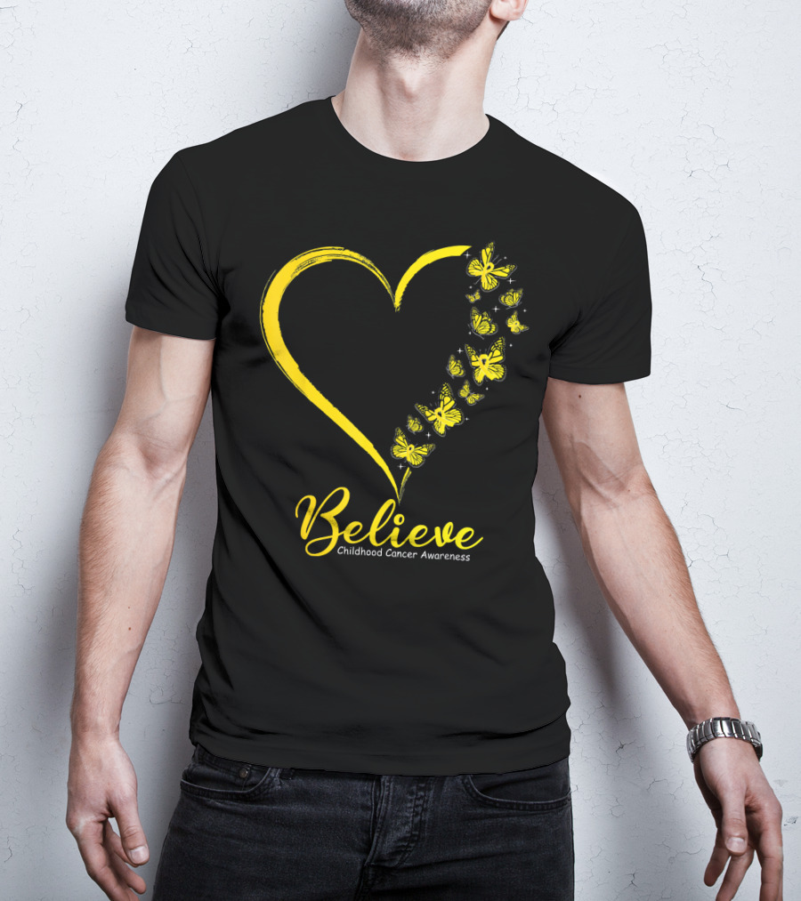 Believe Butterfly Heart Childhood Cancer Awareness T-Shirt