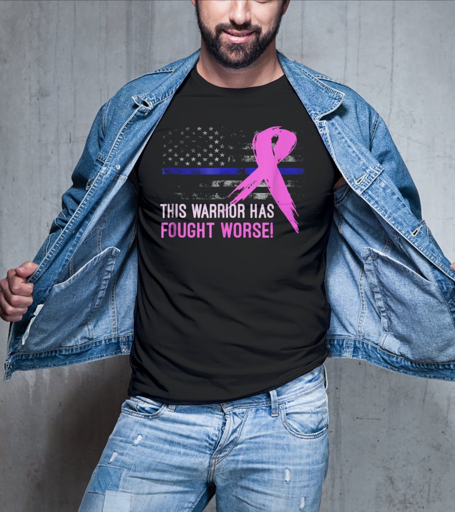 Thin Blue Line American Flag Pink Ribbon This Warrior Has Fought Worse T-Shirt