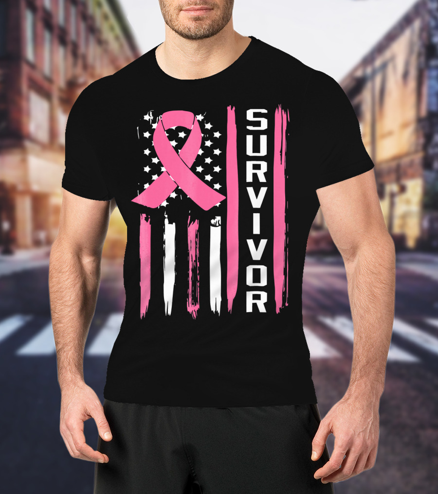 Survivor Breast Cancer Ribbon American Flag T-Shirt