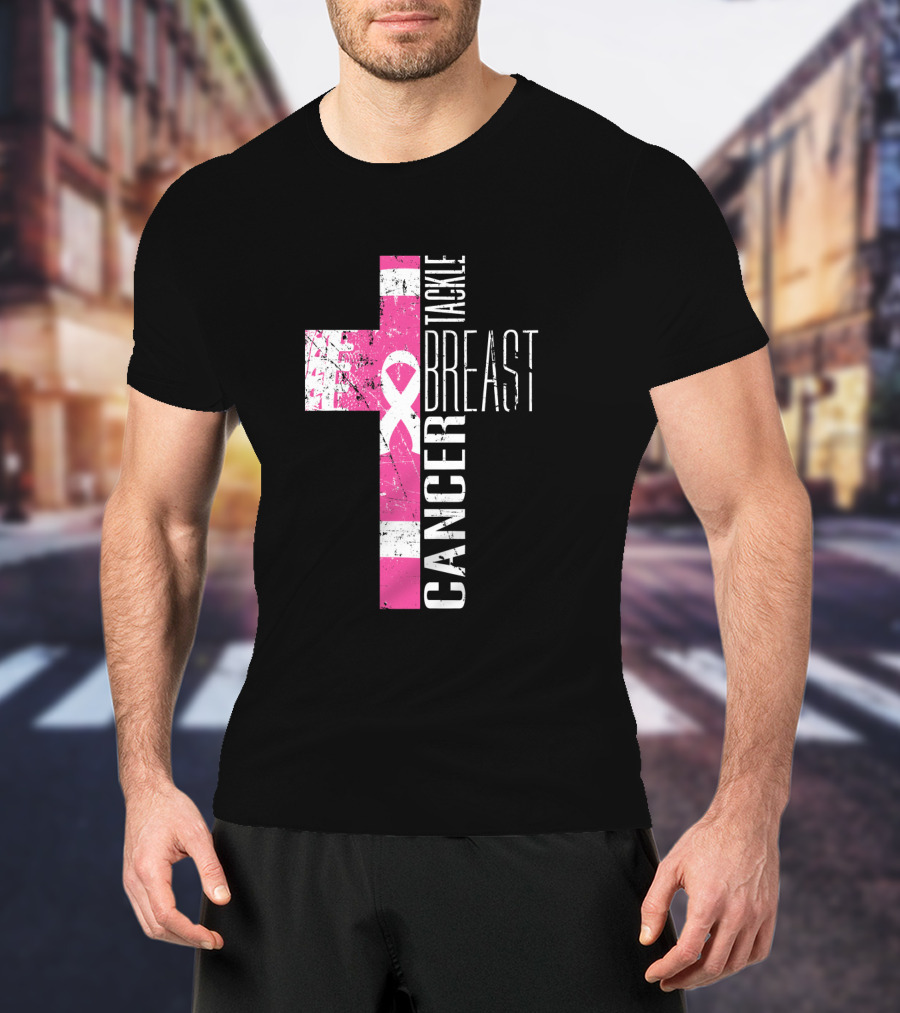 Tackle Breast Cancer Pink Ribbon Cross T-Shirt