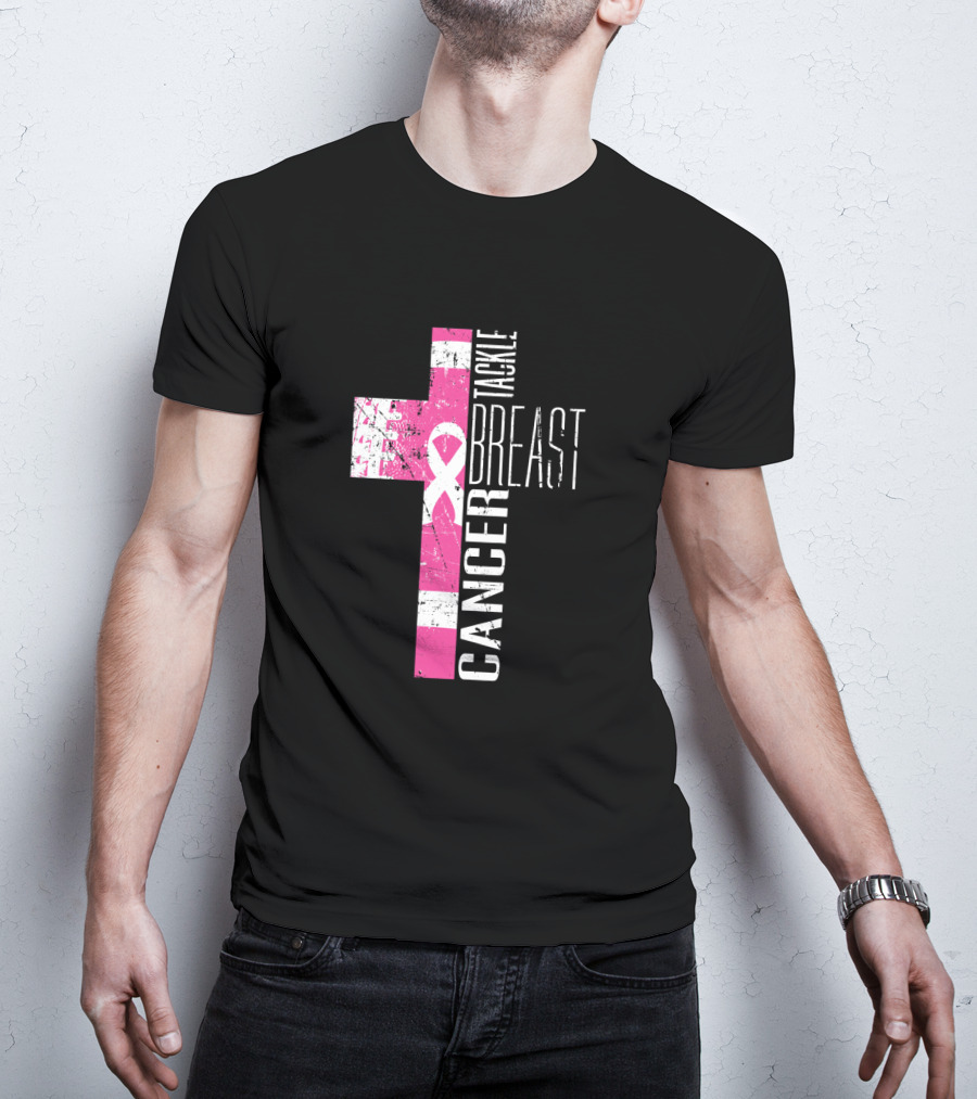 Tackle Breast Cancer Pink Ribbon Cross T-Shirt