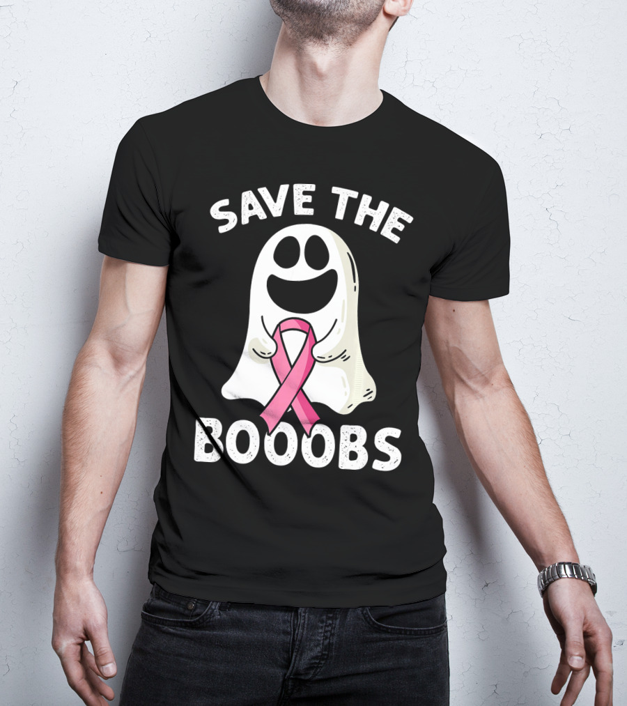Save The Boooobs Funny Ghost Pink Ribbon Breast Cancer Awareness T-Shirt