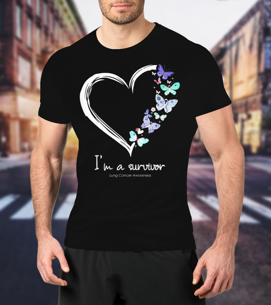 I'm A Survivor Lung Cancer Awareness Heart With Butterflies T-Shirt