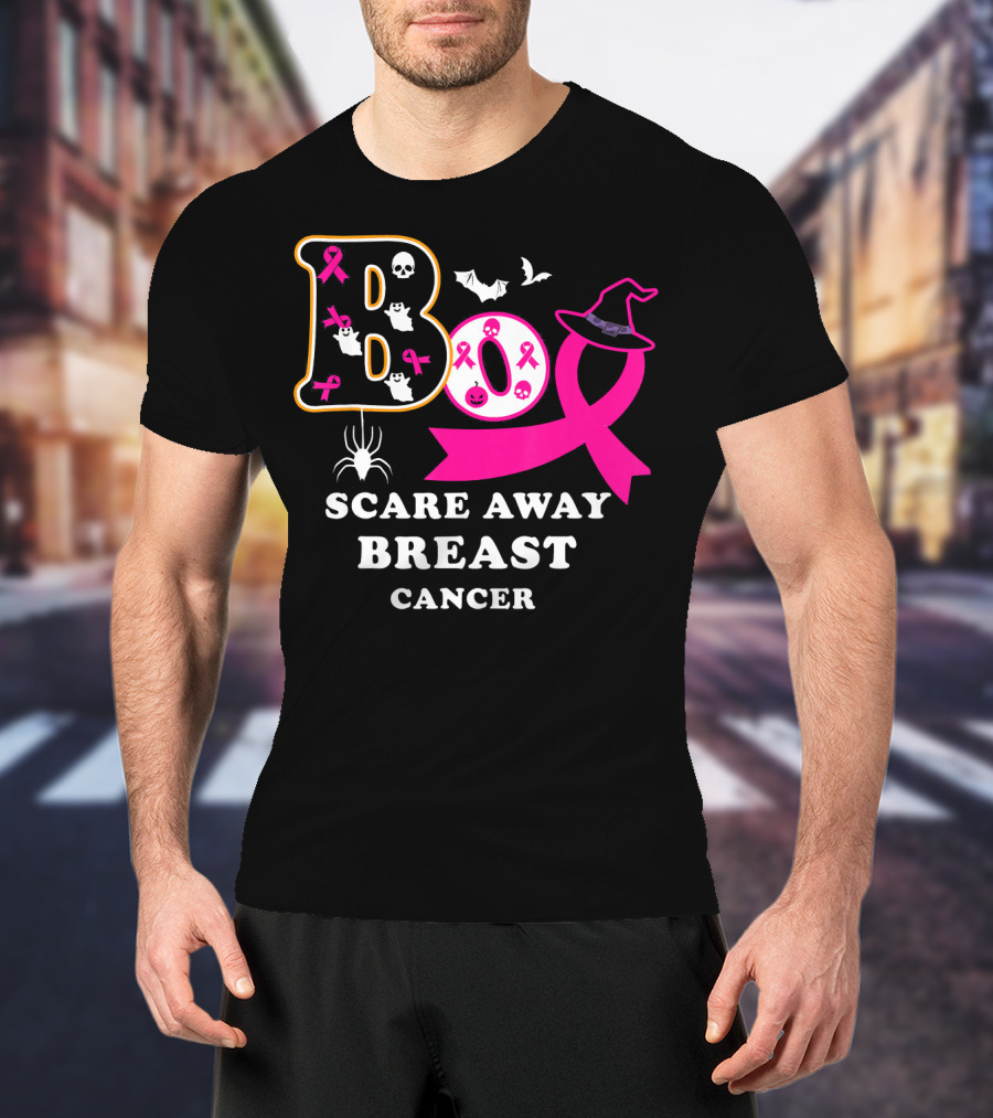 Halloween Boo With Pink Ribbon Scare Away Breast Cancer T-Shirt