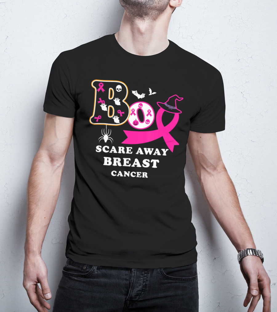 Halloween Boo With Pink Ribbon Scare Away Breast Cancer T-Shirt