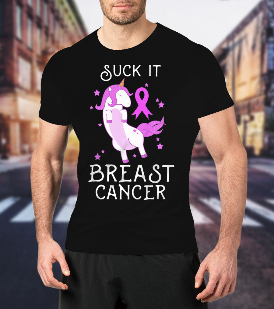 Suck It Breast Cancer Unicorn Awareness Ribbon Stars T-Shirt
