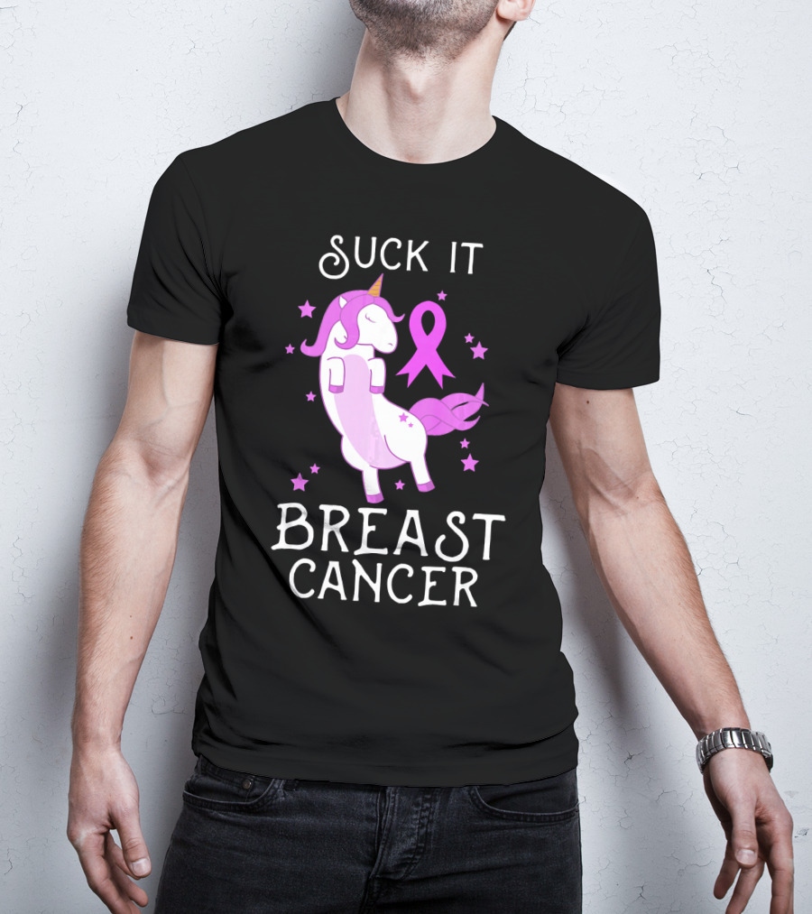 Suck It Breast Cancer Unicorn Awareness Ribbon Stars T-Shirt