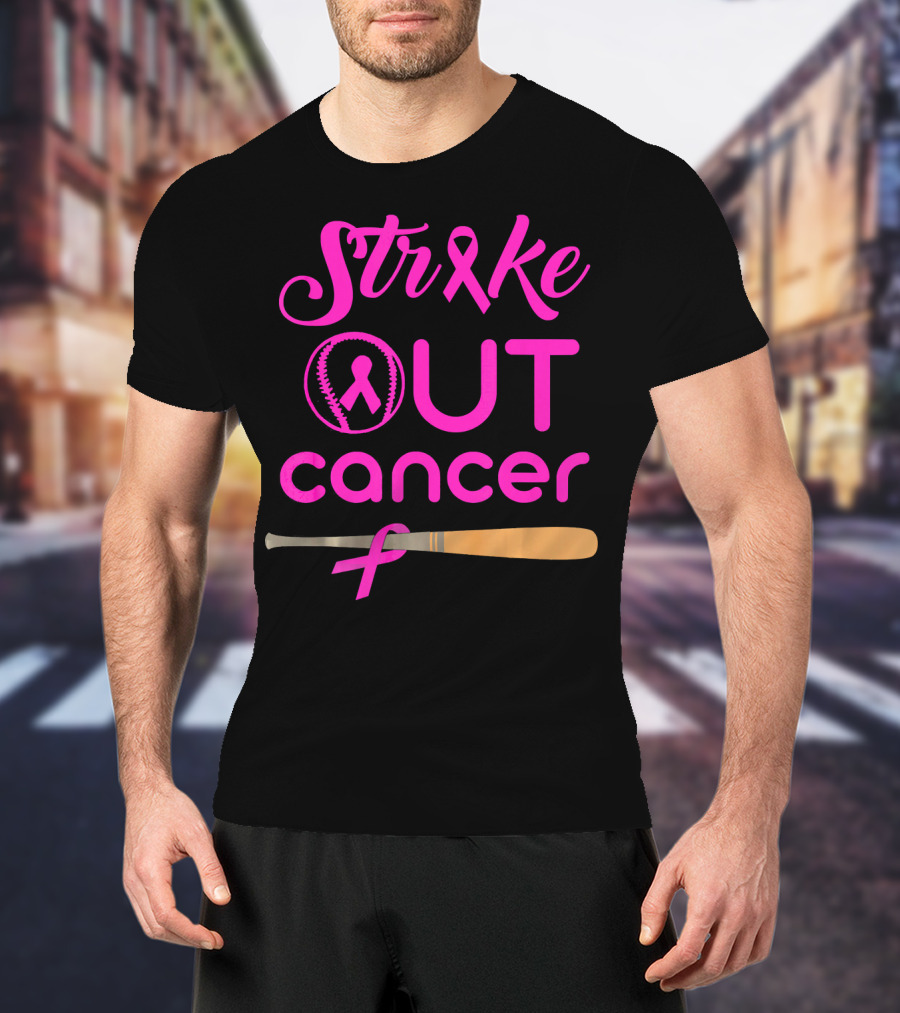 Strike Out Cancer Pink Ribbon Baseball Bat T-Shirt