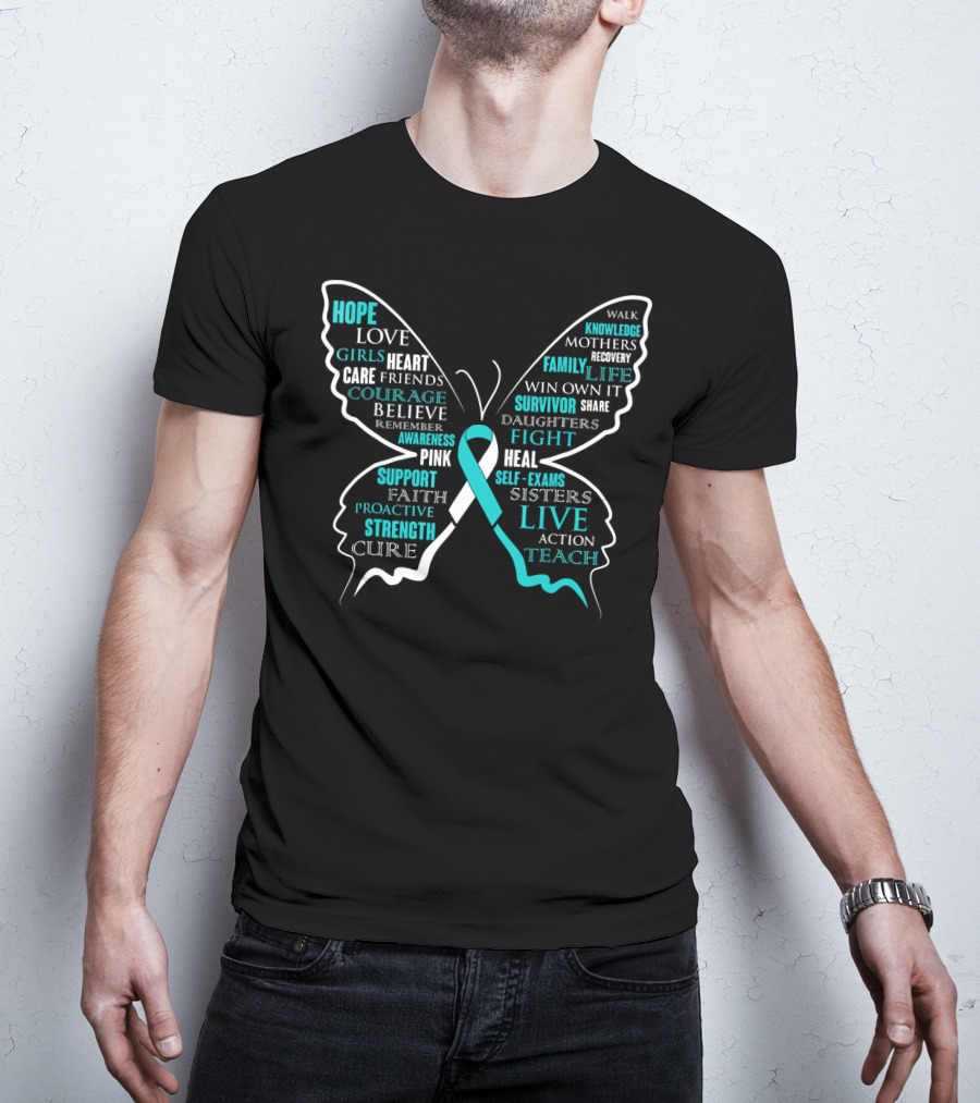 Hope Faith Courage Love Butterfly Cervical Cancer Awareness T-Shirt