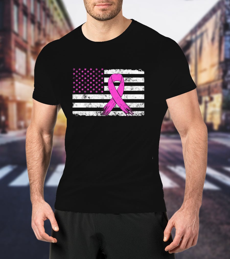 Distressed Pink Ribbon Breast Cancer Awareness American Flag T-Shirt