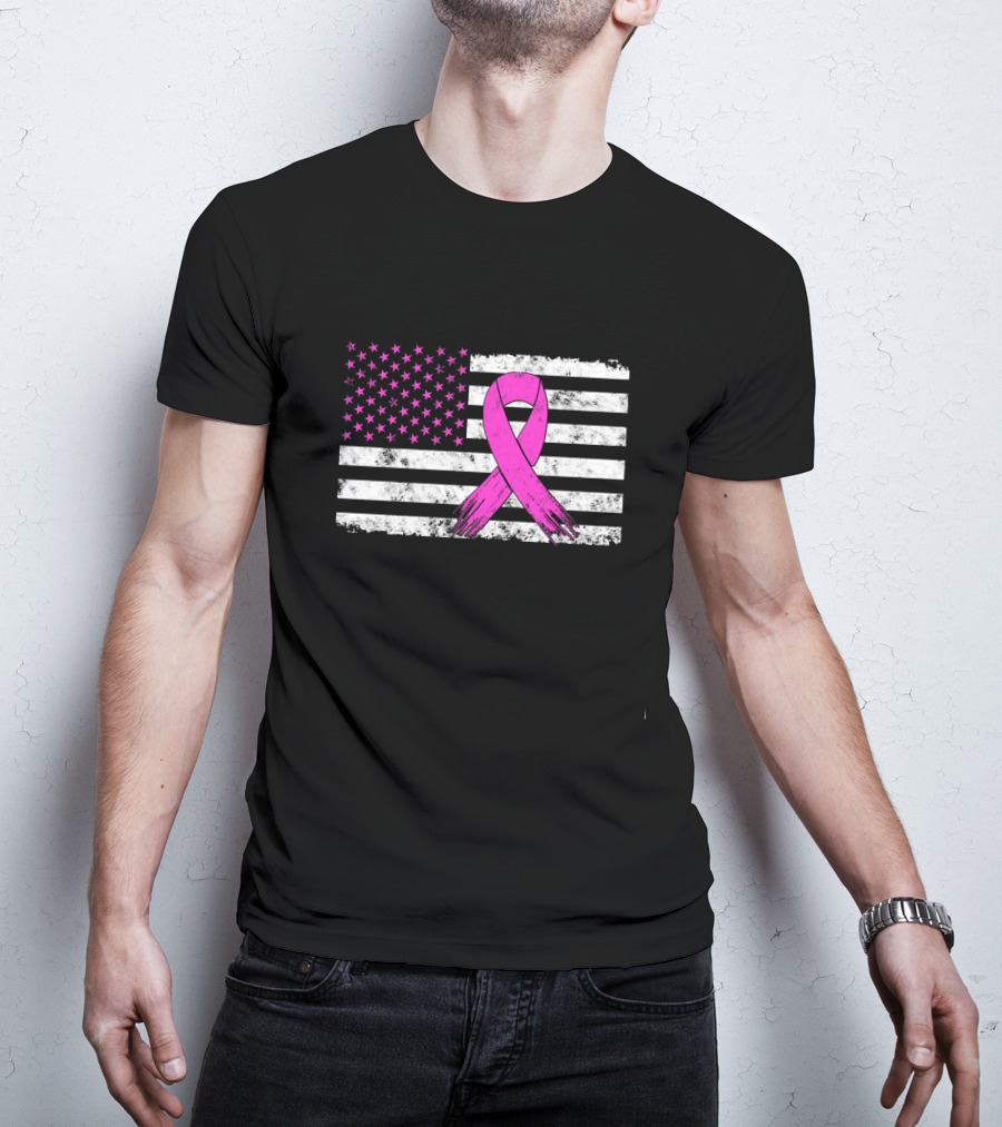 Distressed Pink Ribbon Breast Cancer Awareness American Flag T-Shirt