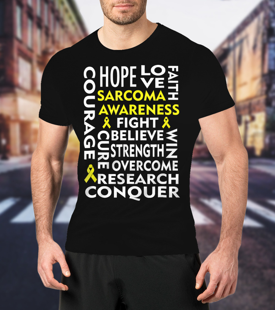 Sarcoma Awareness Yellow Ribbon Hope Courage Fight Conquer T-Shirt
