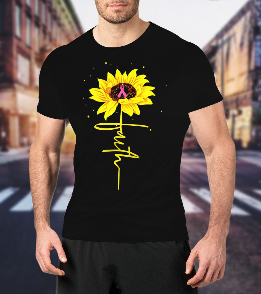 Faith Sunflower Pink Ribbon Breast Cancer Awareness T-Shirt
