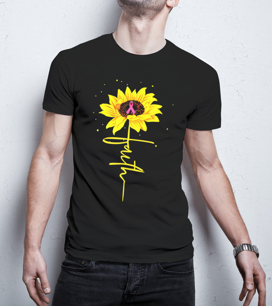 Faith Sunflower Pink Ribbon Breast Cancer Awareness T-Shirt