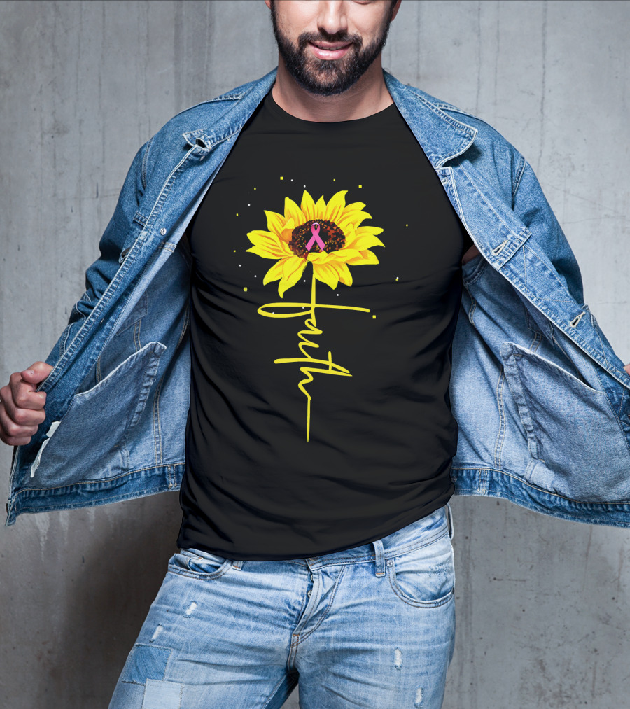 Faith Sunflower Pink Ribbon Breast Cancer Awareness T-Shirt