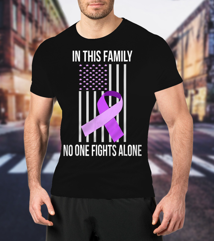In This Family No One Fights Alone USA Flag Purple Ribbon Pancreatic Cancer T-Shirt