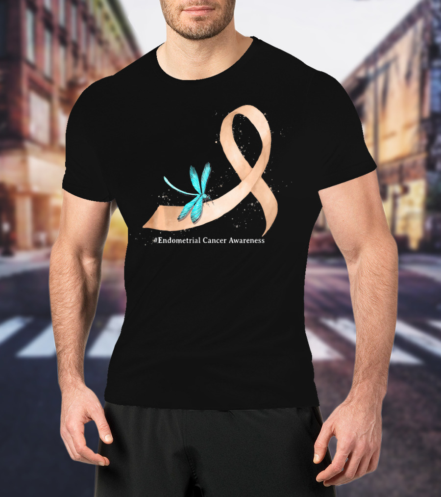 Hippie Dragonfly Peach Ribbon #Endometrial Cancer Awareness T-Shirt
