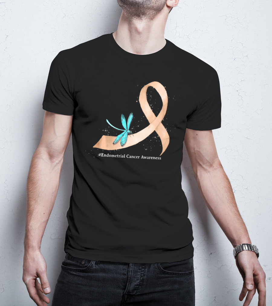 Hippie Dragonfly Peach Ribbon #Endometrial Cancer Awareness T-Shirt
